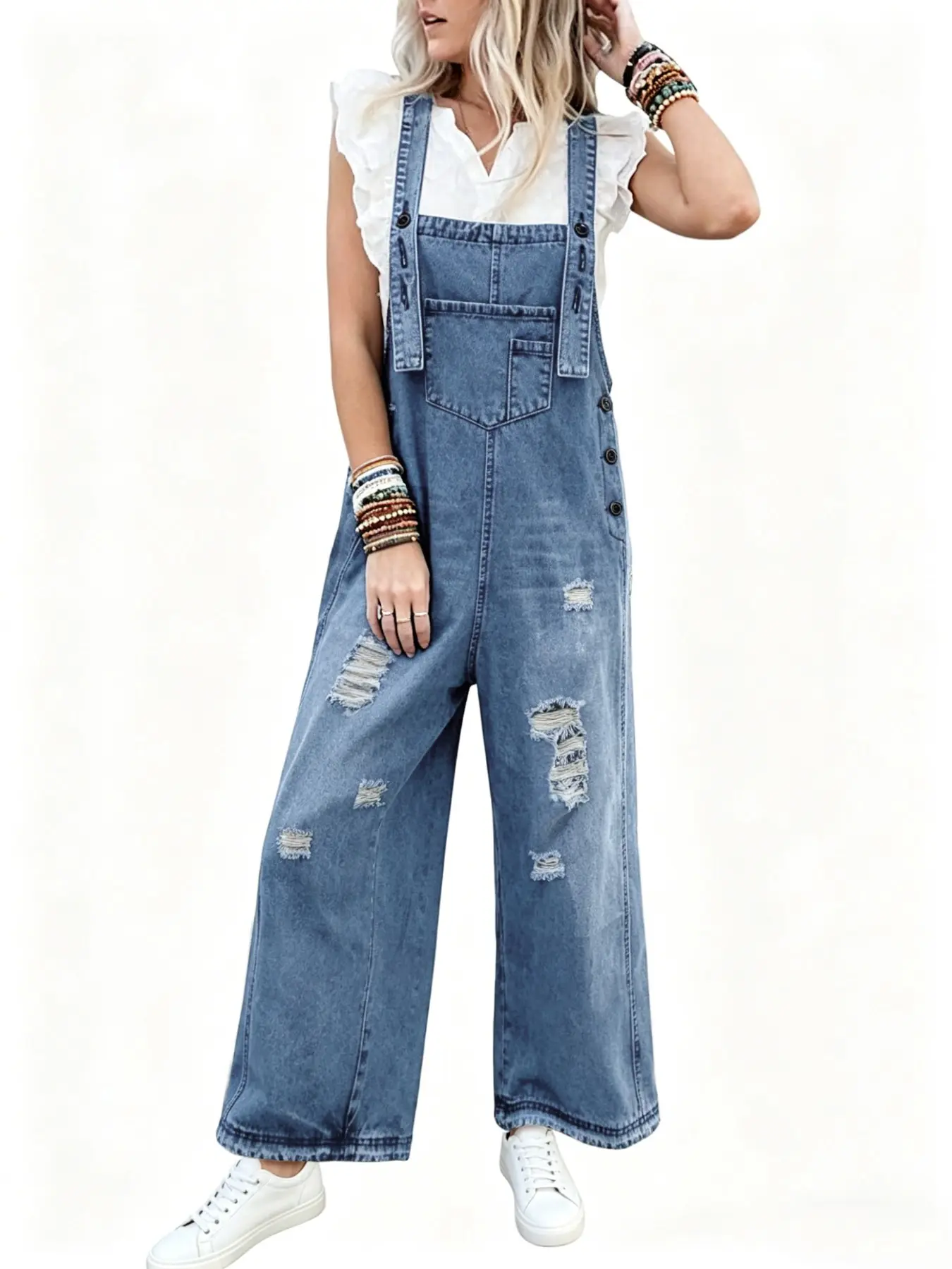 Women's Ripped Raw Hem Pocket Adjustable Denim Overalls, Casual Comfy Wide Leg Overalls for Daily Wear, Denim Jumpsuit, Dungarees, Ladies Clothes for All Seasons, Jumpsuit for Women, Womenswear, Jumpsuitwomen, Sailors Dungarees, Fitted