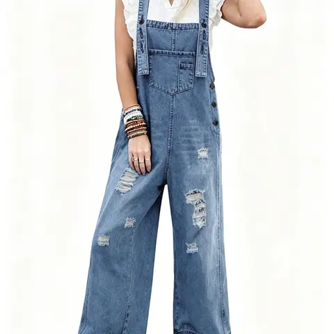 Women's Ripped Raw Hem Pocket Adjustable Denim Overalls, Overalls with Pockets, Casual Comfy Wide Leg Overalls for Daily Wear, Denim Jumpsuit, Dungarees