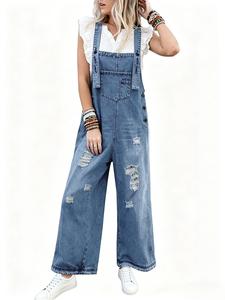 women's ripped raw hem pocket denim overalls, casual comfy wide leg overalls for daily wear, denim jumpsuit, dungarees, ladies clothes for all seasons, jumpsuit for women, womenswear, jumpsuitwomen, sailors dungarees