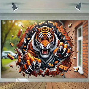 1pc Tiger Wall Mural - Realistic Roaring Tiger Design, Polyester Material, Perfect for Home Decor, Parties, Weddings, Birthdays, and Outdoor Events, Large Photography Backdrop, Party Decoration | Realistic Tiger Design | Dur Decorative Sticker