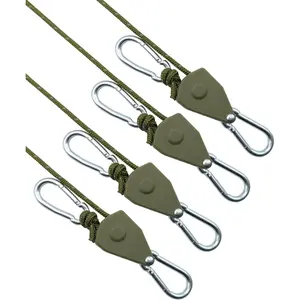 4 Pack Retractable Ratchet Tie Down Straps, 13 Ft 1/8" Adjustable Rope Roller, Heavy Duty Ratcheting Pulley System with 2 Carabiner Hooks, for Decorations, Hanging Plants, Grow Lights