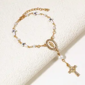 1pc Virgin Mary Cross Pearl Bracelet, Gold Tone Faith Charm Bracelet, Decorative Car Hanging Accent, Bag Charm Accessory trendy birthday Elegant