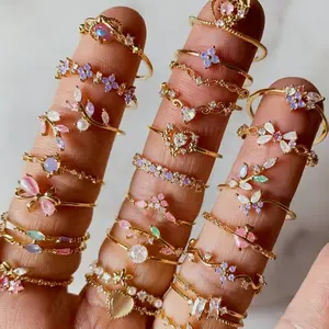 Sweet Cute Pink Flower Design Zircon Trendy Finger Ring Open Stackable Rings for Girls Daily & Party Wear