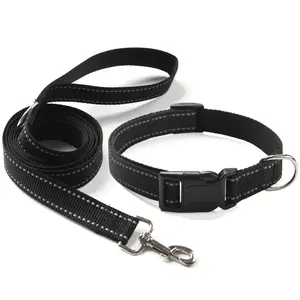 Reflective Dog Collar For Small Medium  And Large Dogs Ajustable Nylon Collars With Quick Release Buckle Black M(collar+leash)
