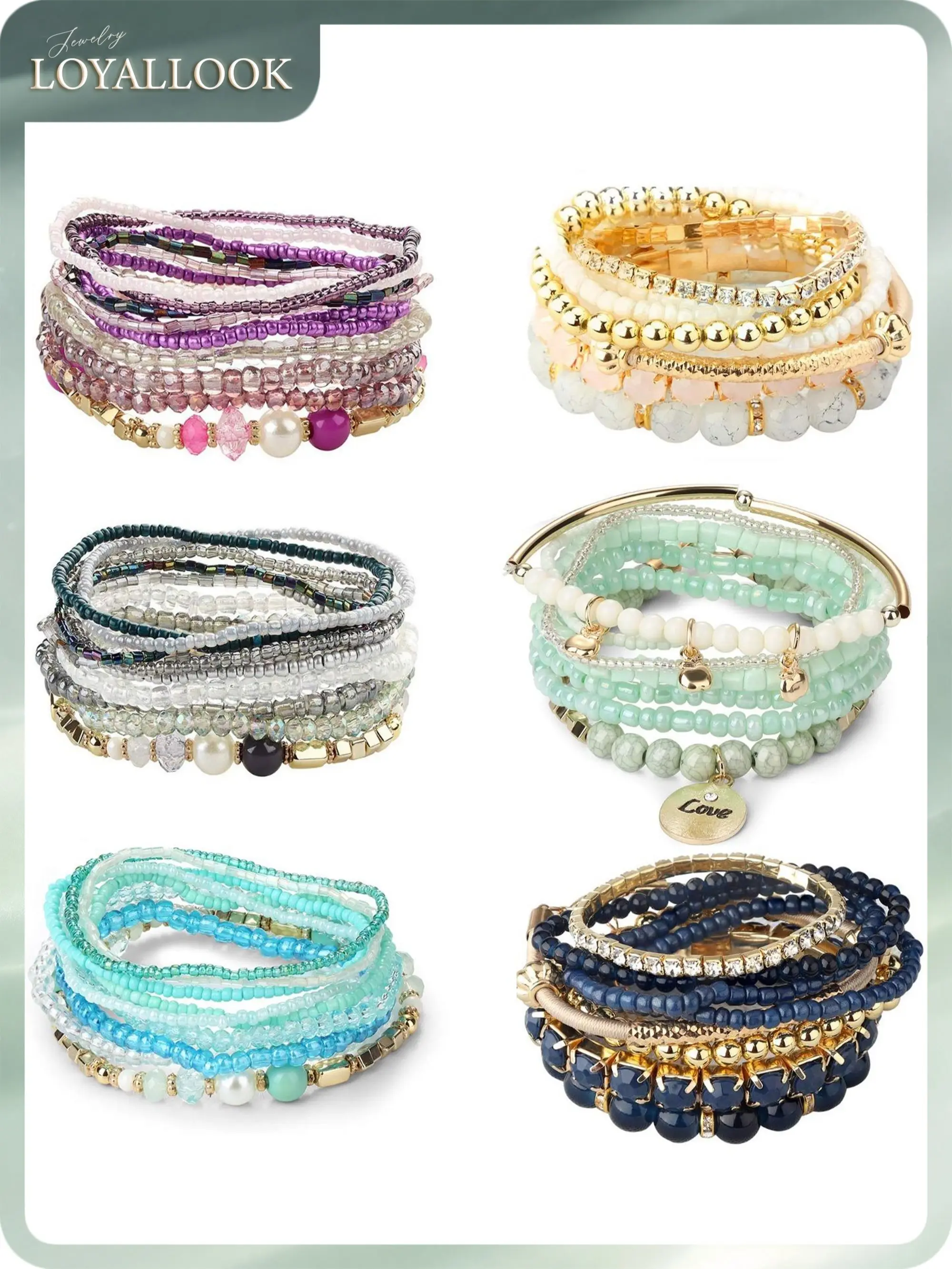LOYALLOOK 6 Sets Bohemian Stackable Bead Bracelets for Women Stretch Bohemian Style Stretch Multilayered Boho Bracelet Set