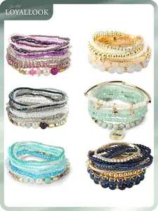 LOYALLOOK 6 Sets Bohemian Stackable Bead Bracelets for Women Stretch Bohemian Style Stretch Multilayered Boho Bracelet Set