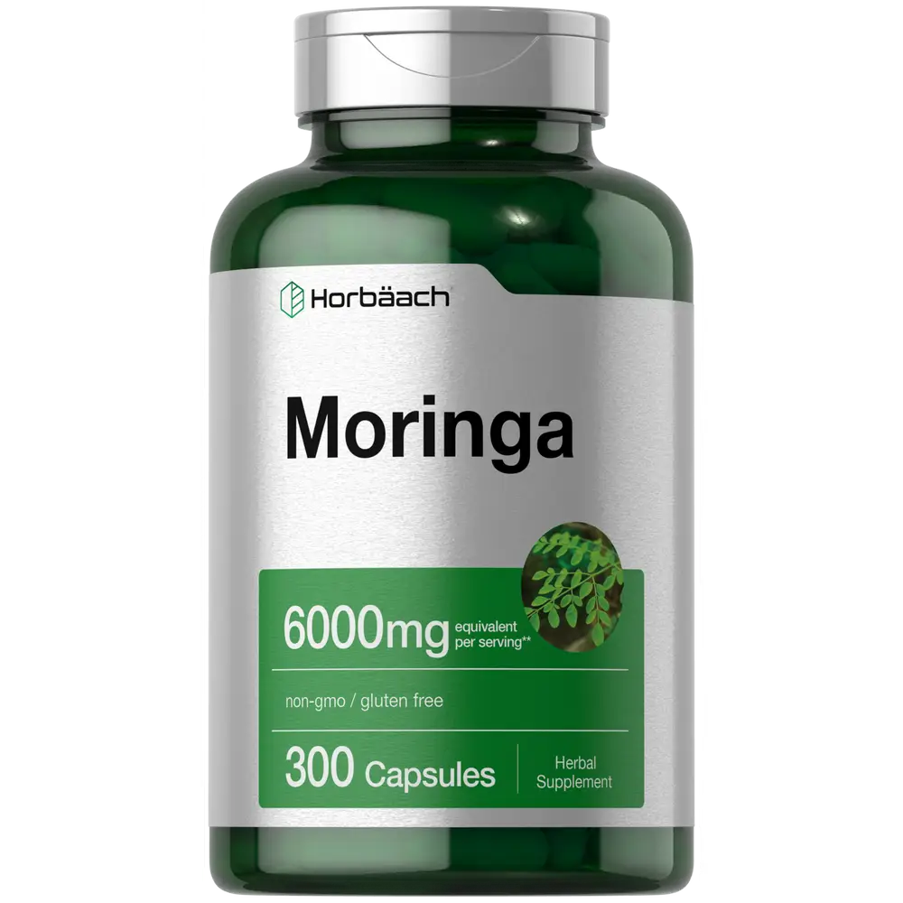 Horbäach Moringa Oleifera | 6000mg | 300 Powder Capsules | Non-GMO and Gluten Free Extract Formula | Complete Green Superfood