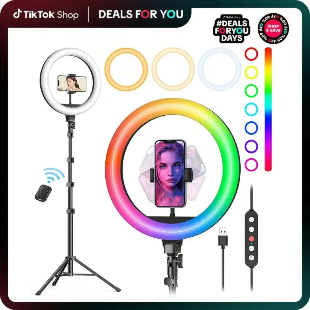 12’’ RGB Selfie Ring Light with 65’’ Tripod & Phone Holder, 10 Dimming Levels with Multiple Colors, Great for Recording, Streaming, Makeup, and Vlog C