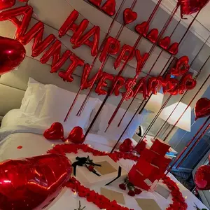 Anniversary Party Decorations Set – Happy Anniversary Banner, Red Felt Garland & Heart-Shaped Balloons