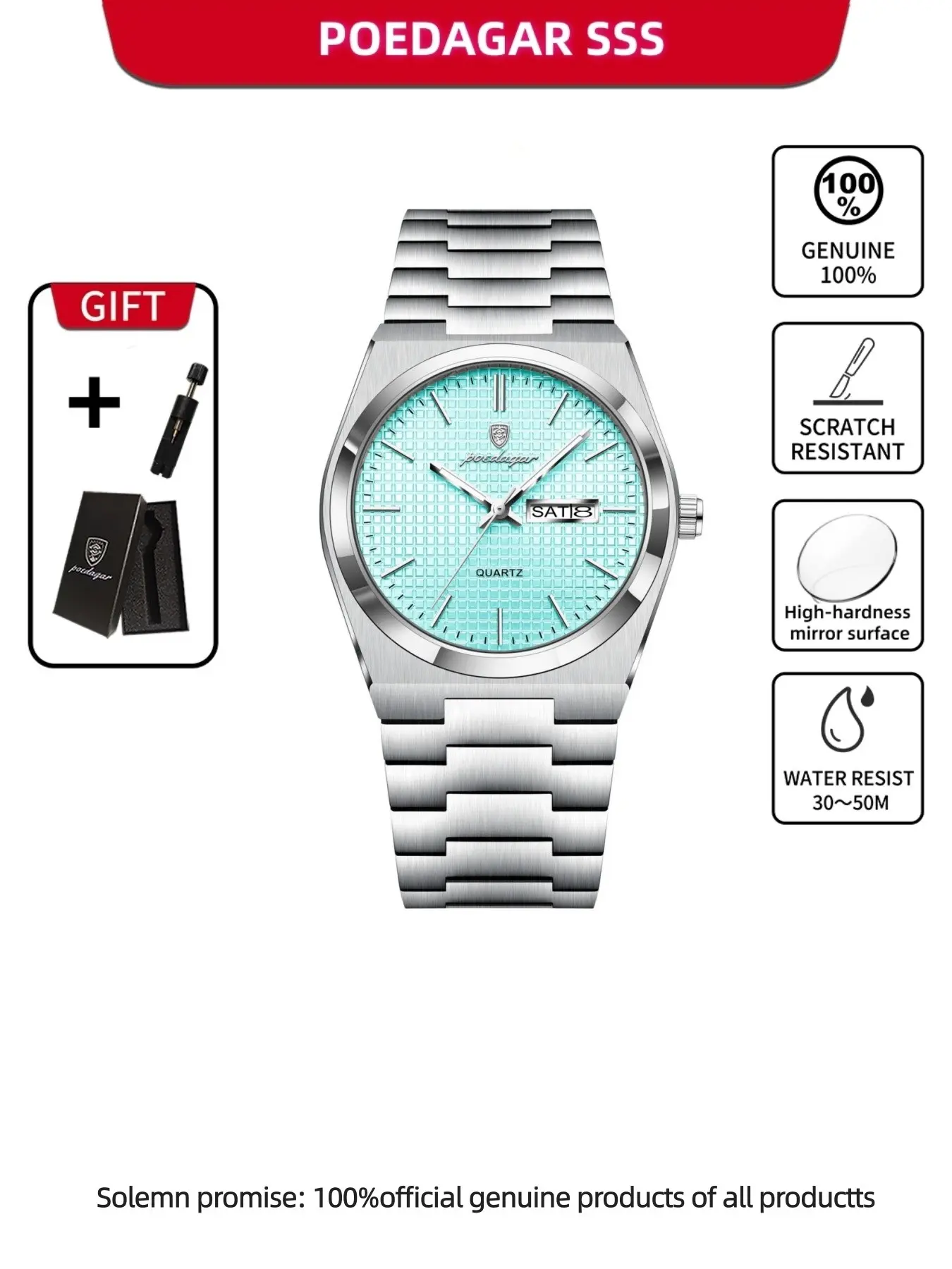 POEDAGAR Exquisite Casual Men's Watch Stainless Steel Waterproof Night Light Fashion Quartz Analog Wristwatch Men's Watch Date Week Men's Watch Fashionable Wristwatch Waterproof Watch Analog Quartz Watches