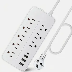 White US Standard Power Strip Surge Protector, 8 AC Outlets 3 USB Type C Port