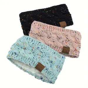 [Cozy Headband] Cozy Fleece-Lined Women's Headband |   Elastic Winter Ear Warmer with Colorful Dots, Soft Plush Beige//Gray Options, Cableknit Texture, Plush Pompom, Hand Wash Only, Festive Accessory, Holiday Headwear