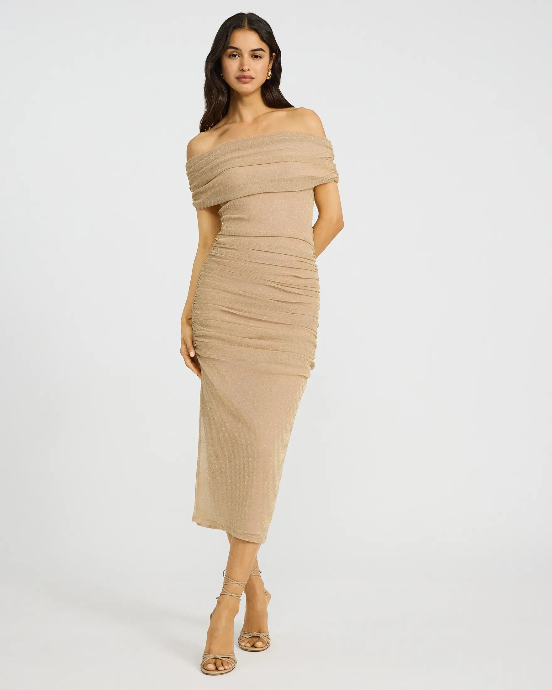 Express Mesh Shine Off The Shoulder Ruched Midi Sheath Dress