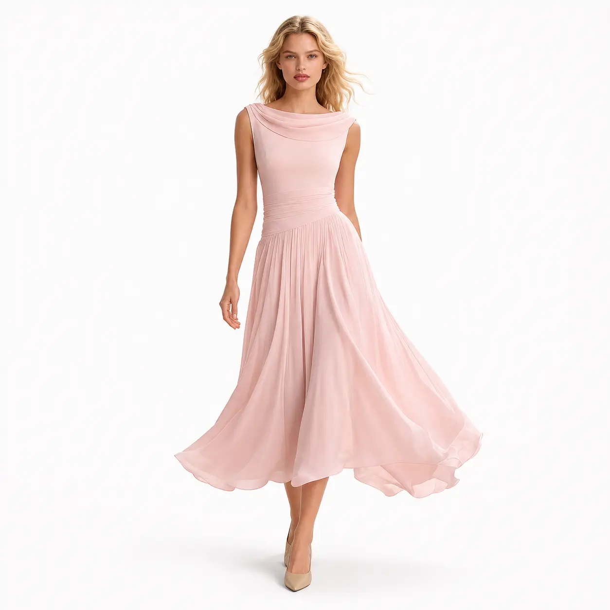 Women's Solid Color Round Neck Sleeveless High Waist Midi Dress, Irregular Hem Flowy A Line Dress with Draped Waist and Swing Skirt, Elegant Beach Vacation Resort Garden Party Summer Dress for Women