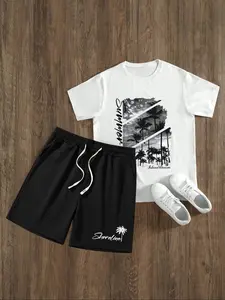 Two-Piece Set Men's Palm Tree Print Tee & Drawstring Waist Shorts, Regular Fit Casual Round Neck Short Sleeve T-shirt & Track Shorts, Men's Summer Clothes
