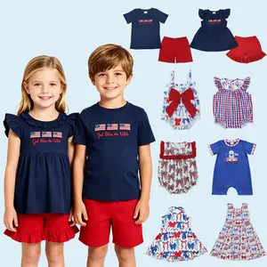 Embroidery American Flag July 4th Kids Summer Clothes