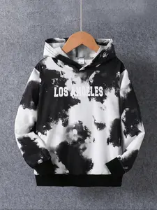 Boys' Fall Ink Painting Letter Los Angeles Hoodie, Long Sleeve Sports Sweatshirt, Casual Fashion for Kids, Casual Hooded Sweatshirts, Ages 8-9 Years Old