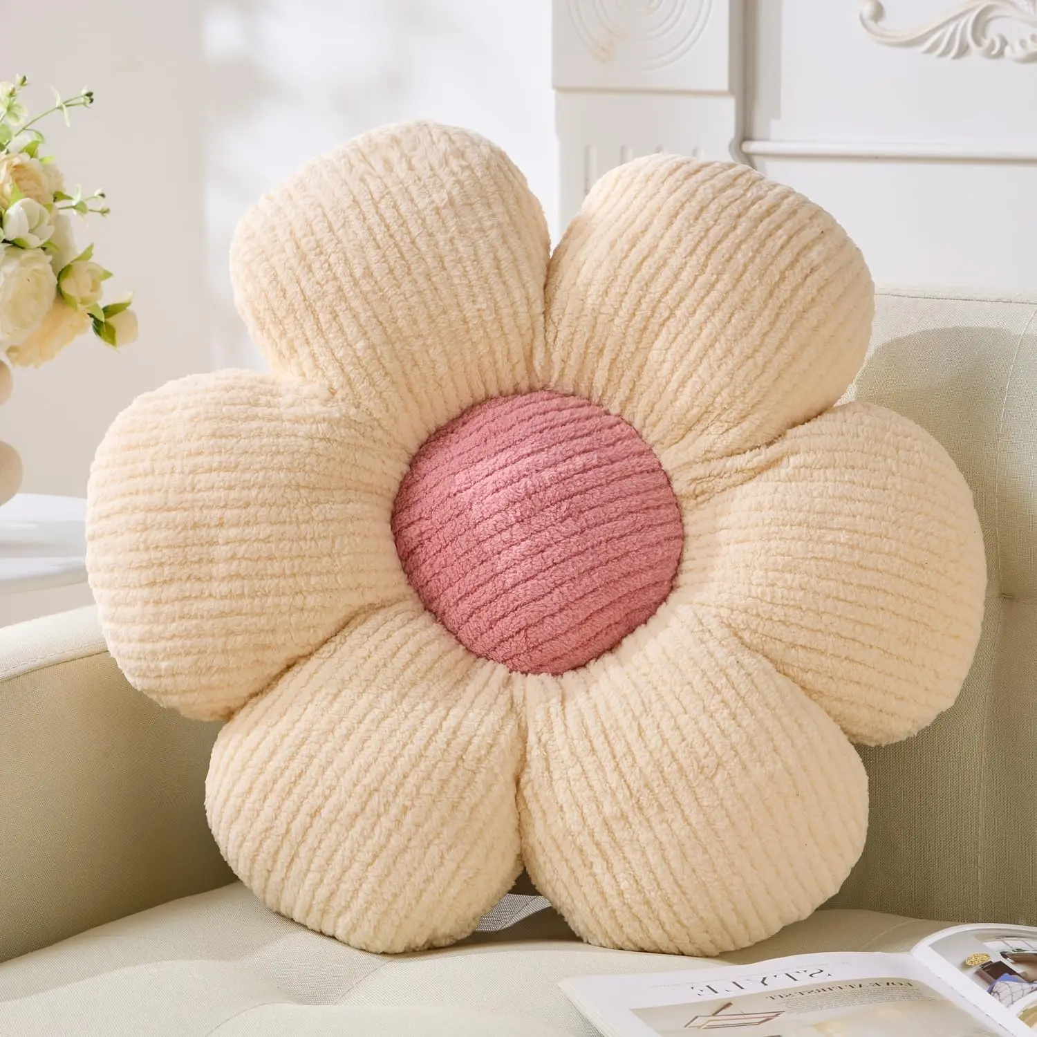 Cute Daisy Flower Pillow 15.75" Ivory Floor Throw Pillow Cushion Decorative Pillow for Home Seating Decoration