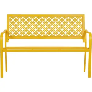 ONBRILL 50" Outdoor Bench, Garden Benches with Galvanized Metal Frame, Front Porch Bench with Floral Backrest, Patio Furniture with Adjustable Feet for Park, Yard, Lawn, Entryway, Yellow