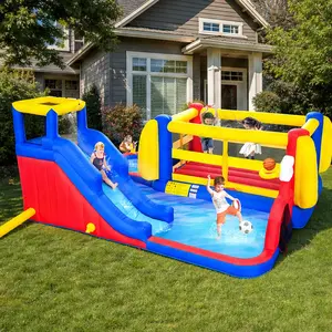 ARCH 7-in-1 Inflatable Slide Water Park Bounce House with Deep Pool, Basketball Hoop, Football Gate, Water Cannon, Climbing Wall, Oxford Fabric, Multicolor, Outdoor Backyard Lawn Fun for Kids, Multicolor Color Options, oxford fabric Material