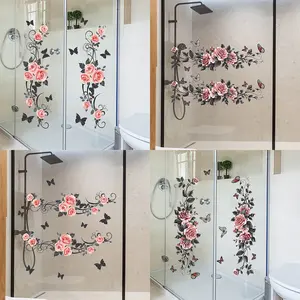 Painted Pink Rose Butterfly Glass Window Home Landscaping Decor 1PCS 30X60Cm Electrostatic Uv Decorative Ornament Stickers Tiles Sticker
