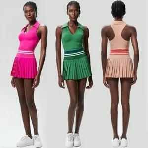 Women Summer 2 Pieces Set High Waist Mini Skirts & Backless Suspender Top - Sexy V-Neck Sports Bra, Golf Wear Skorts with Pocket - Clothes, Womenswear