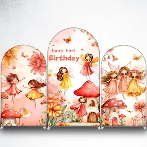 Fairy First Birthday Arch Backdrop Cover with Three Fairies for Magical Girls Birthday Party