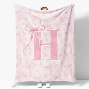 Pink Bow Throw Blanket,Personalized Initial A-Z Soft Fluffy Cozy Flannel Blanket,Monogrammed Gifts for Daughter Women Teen Girls,Girl Gift Cute Pink,Customized Blanket for Bedding Bedroom Office,Decorative Throw Blanket for Couch Sofa