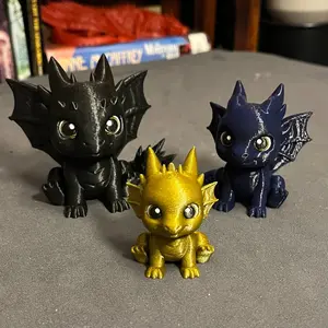 Chibi Black and Navy Dragon and Gold Hatchling Bookshelf Decor Figures - 3D Printed Dragon Decor