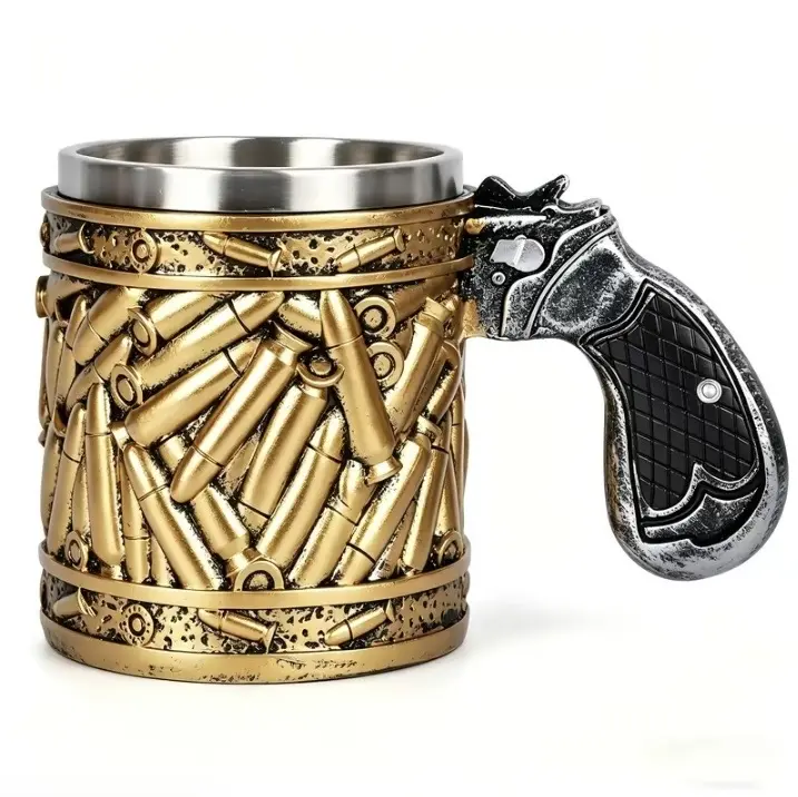 Gun Mug, Gun Handle Coffee Mug, Stainless Steel Bullet Pattern Beer Mug, Unique Coffee Mugs, Fathers Day Dad Gifts, Birthday Gifts for Men