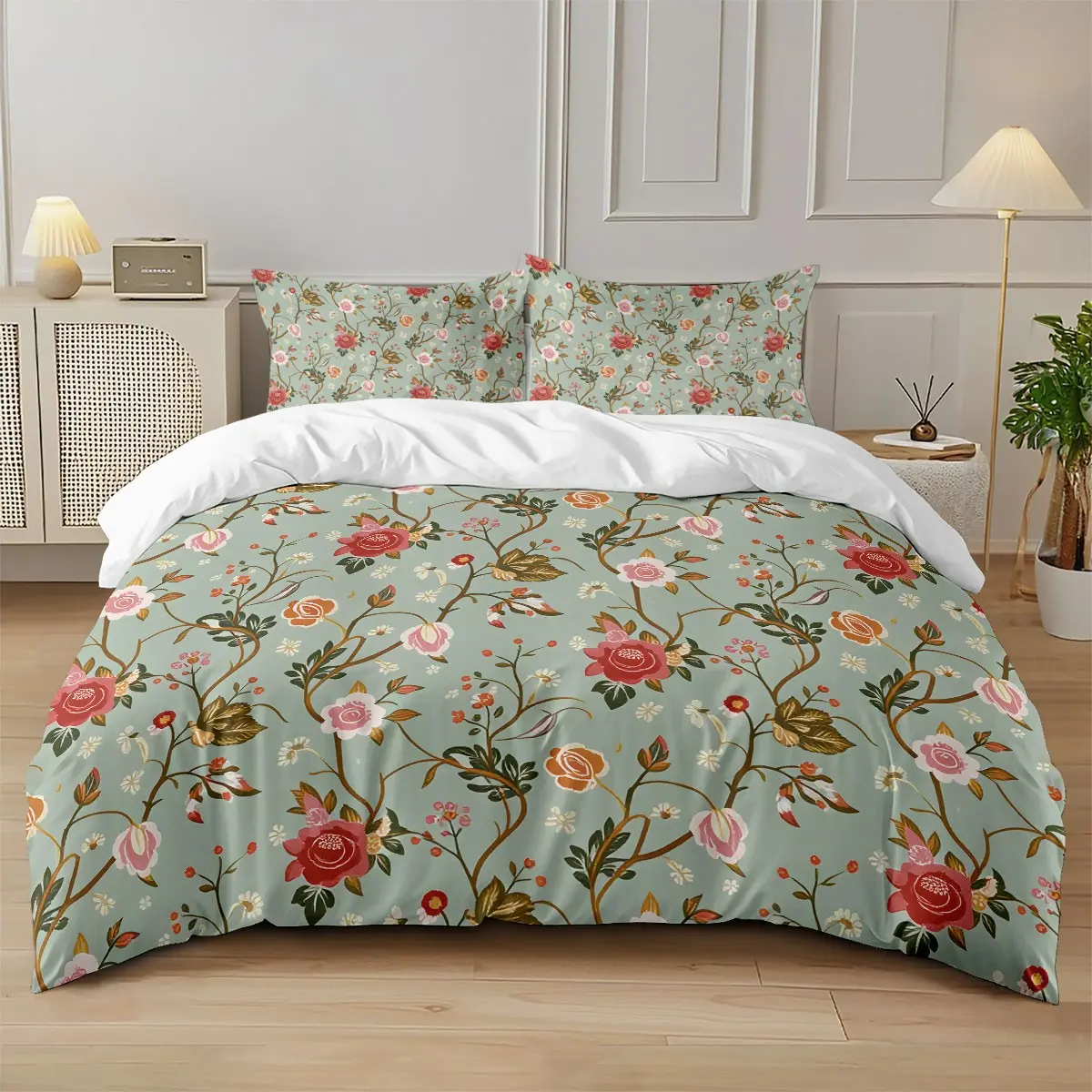 3-piece quilt cover set (1 quilt cover +2 pillowcases, coreless), Bedroom Quilt Cover, Vintage mint green quilt cover with flowers French pastoral style colorful flower print soft and comfortable bedding