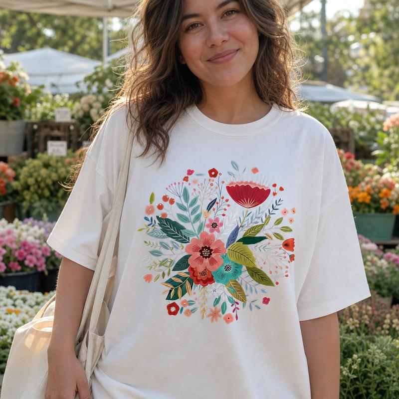 Women's Botanical Floral Bouquet Graphic Tee 100% Cotton Breathable Cottagecore Shirt
