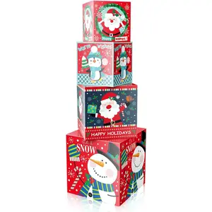 Christmas  Box with Lid - 4-Pack Stackable Square Decorative Box Set Assortment - Red