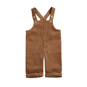 Toddler Baby Corduroy Suspender Rompers Solid Color Adjustable Strap Pockets Overalls Spring Autumn Button Trousers