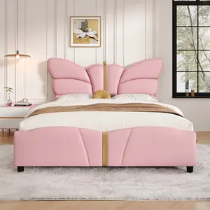 Full Size Upholstered PU Leather Bed Frame, with Butterfly Shaped Headboard and Footboard, Platform Bed Frame with Gold Metal decorations, No Box Spring Needed