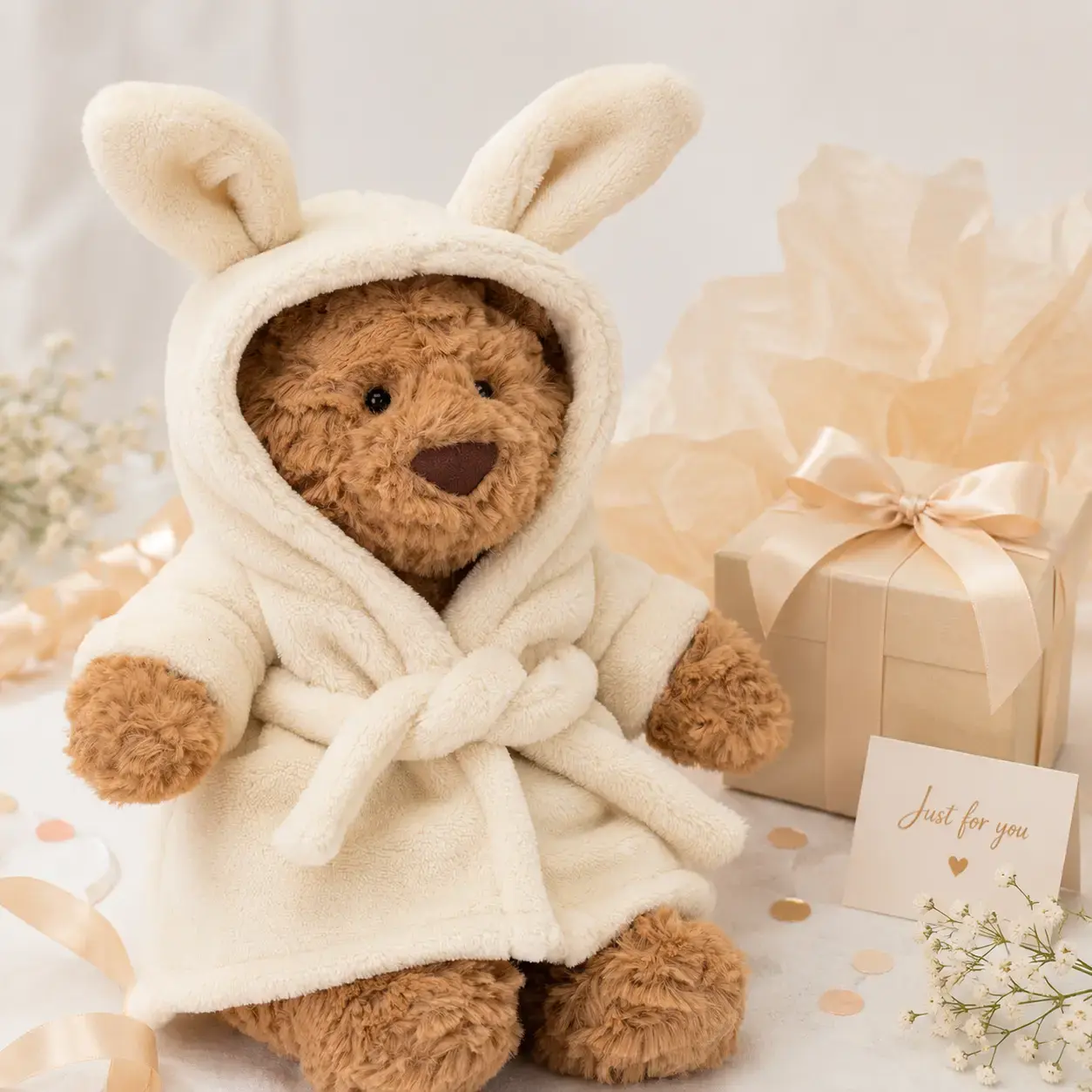 Jellycat Bartholomew Bear Bathrobe Plush Toy – Soft Teddy Bear with Bunny Ear Hood, Adorable Stuffed Animal for Collectors & Gift Giving