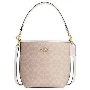 COACH City Bucket 17 Coated Canvas Bag with Monogram and Metal Logo for Women in Sand Color