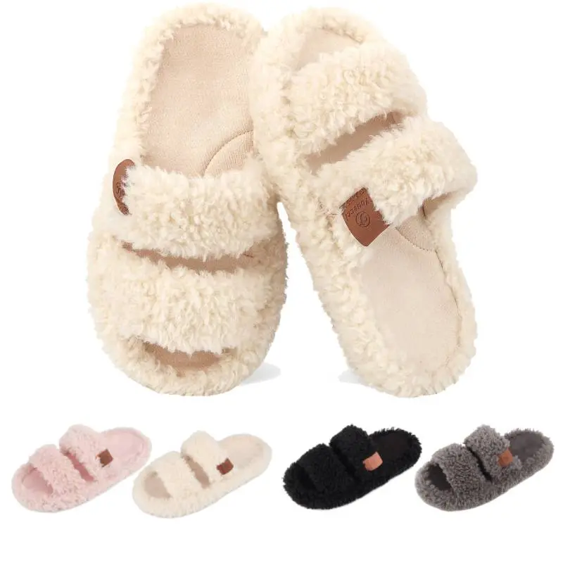 SANPON Women's 2 Strap Plush Slippers, Lightweight Casual Open Round Toe Footwear with Arch Support & Anti-Slip Sole, Slippers For Women, Anti-Slip Rubber, Ankle, Breathable, Indoor Use, Slip On, Preppy Look