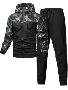 Men's Outdoor Sports Set, Thin Lightweight Casual Hooded Jacket + Drawstring Pants, Athletic Workout Clothing, Athletic Tracksuit Set, Spring & Fall Fashion, Asymmetrical Design, Sports Suit Tracksuits, Athletic Activewear Tracksuits