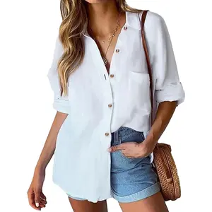 Womens Linen Button Down Shirt Casual Long Sleeve Cotton Blouse Loose Fit Collared Work Gauze Tops with Pocket