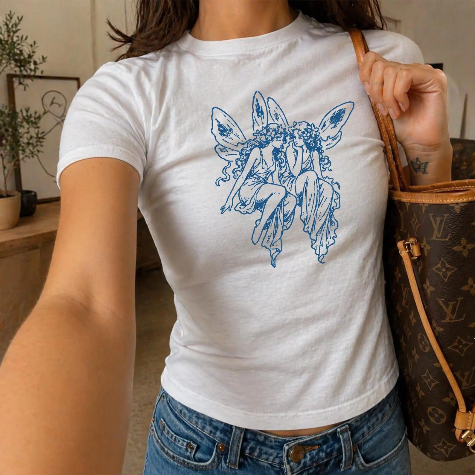 Medieval Fairy Baby Tee, Fairycore Fantasy Graphic, Dark Academia Aesthetic, Enchanted Forest Women's Fitted Top, Fairy Lover Gift