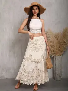 Women's Mesh Lace A-Line Skirt, Solid High-Waisted Pleated Flowy Casual Dress, Perfect for Daily Wear, Boho Style, Long Skirt