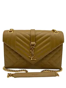 Pre-owned Yves Saint Laurent CALFSKIN LEATHER Shoulder Bags YSL MEDIUM ENVELOPE GOLDEN OLIVE GOLD HARDWARE