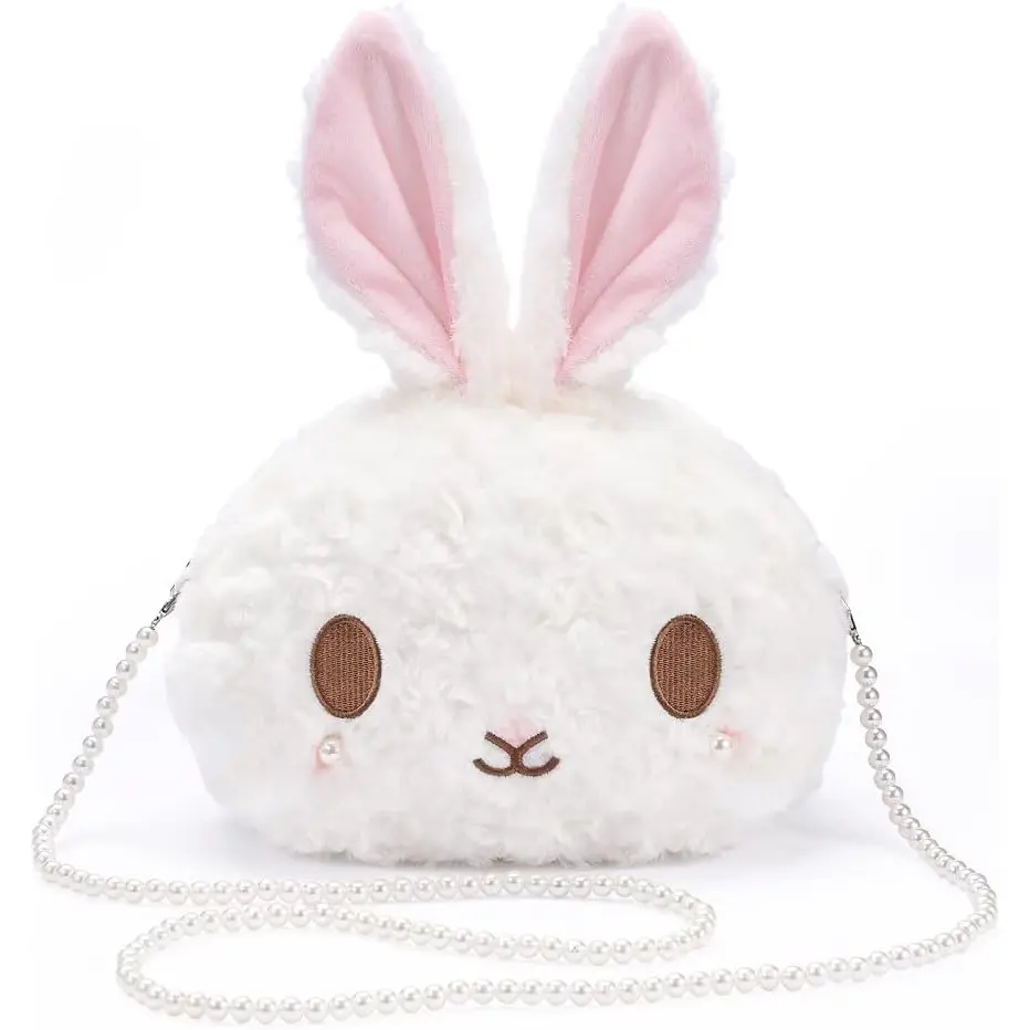kawaii bunny Crossbody bag,cartoon Plush Rabbit wallets,cute Lolita Handbag for women, Lovely Fluffy animal purse (pearl chain) white