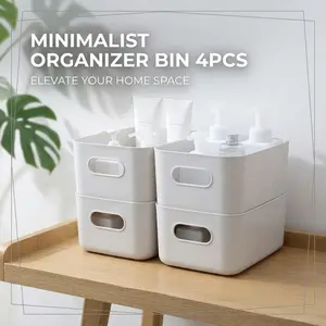Minimalist White Plastic Stackable Storage Bins, 4-Pack Multi-Purpose Organizer Baskets for Kitchen, Bathroom and Home Organization