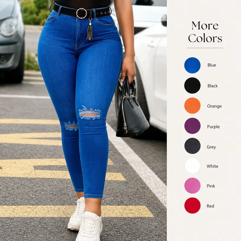 JUNBAOSS Women's Classic Mid Waisted Skinny Stretch Butt Lifting Jeans Women Totally Shaping Distressed Ripped Jeans Slim Fit Denim Pants