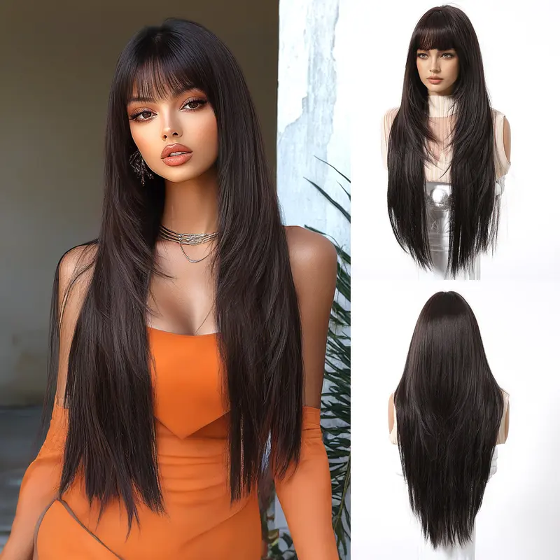 Wiglassic 28in Thick Glueless Straight Wig - Heat-Resistant Black Synthetic Hair Wig with Bangs, Machine Made Ready-to-Wear for Daily Use, Concerts, Adults