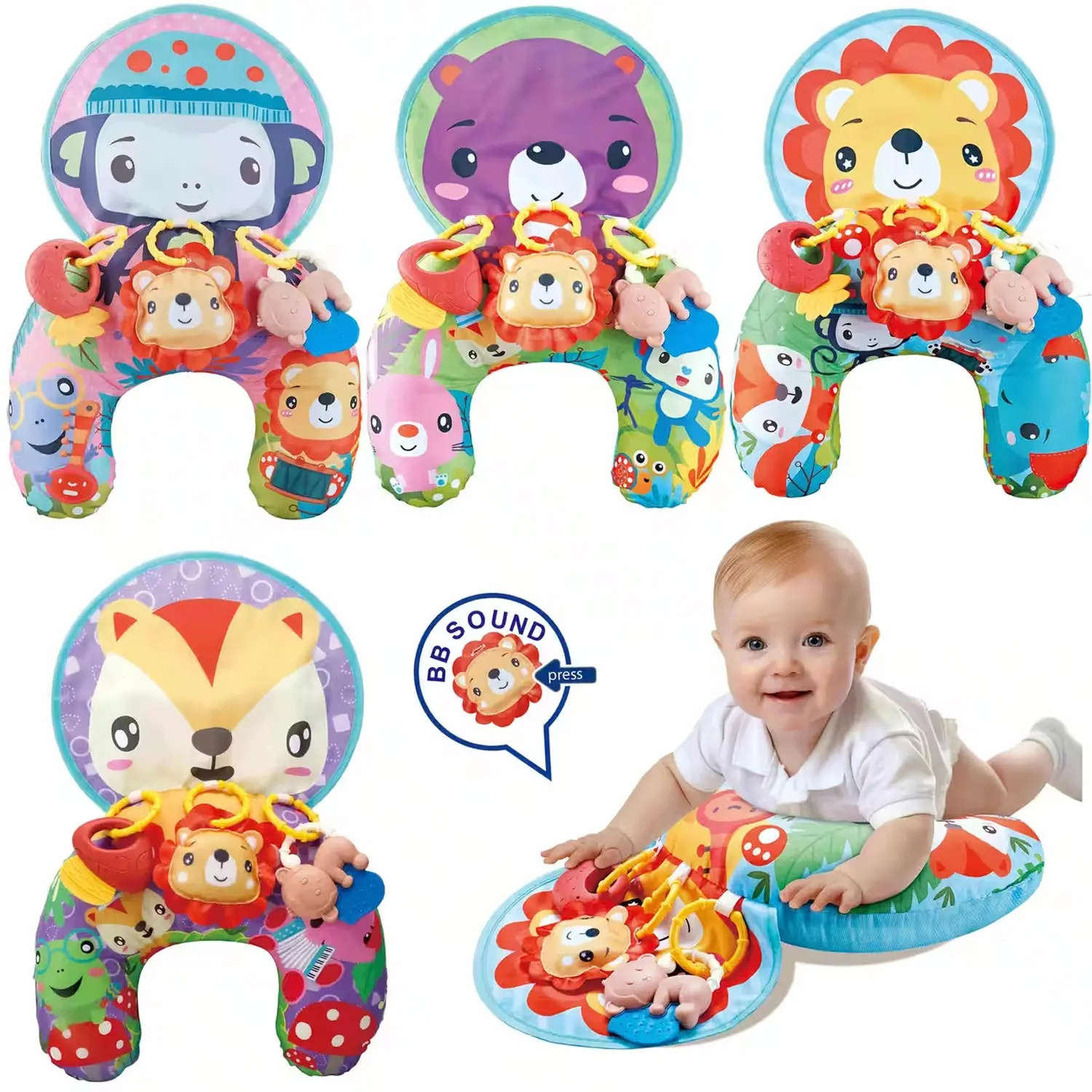 Baby Head Control Training Pillow, U-Shaped Learning Cushion, Multi-Functional Crawl Mat, with Various Hanging Toys, Ideal for Infant Cognitive Development