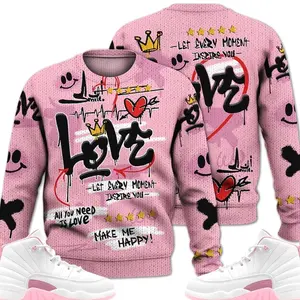 12 Medium Pearl Pink Ugly Sweater, Medium Pearl Pink 12s Outfits Shirt, Happy Love Beats Graffiti Streetwear Unisex Sneaker Matching Shirts