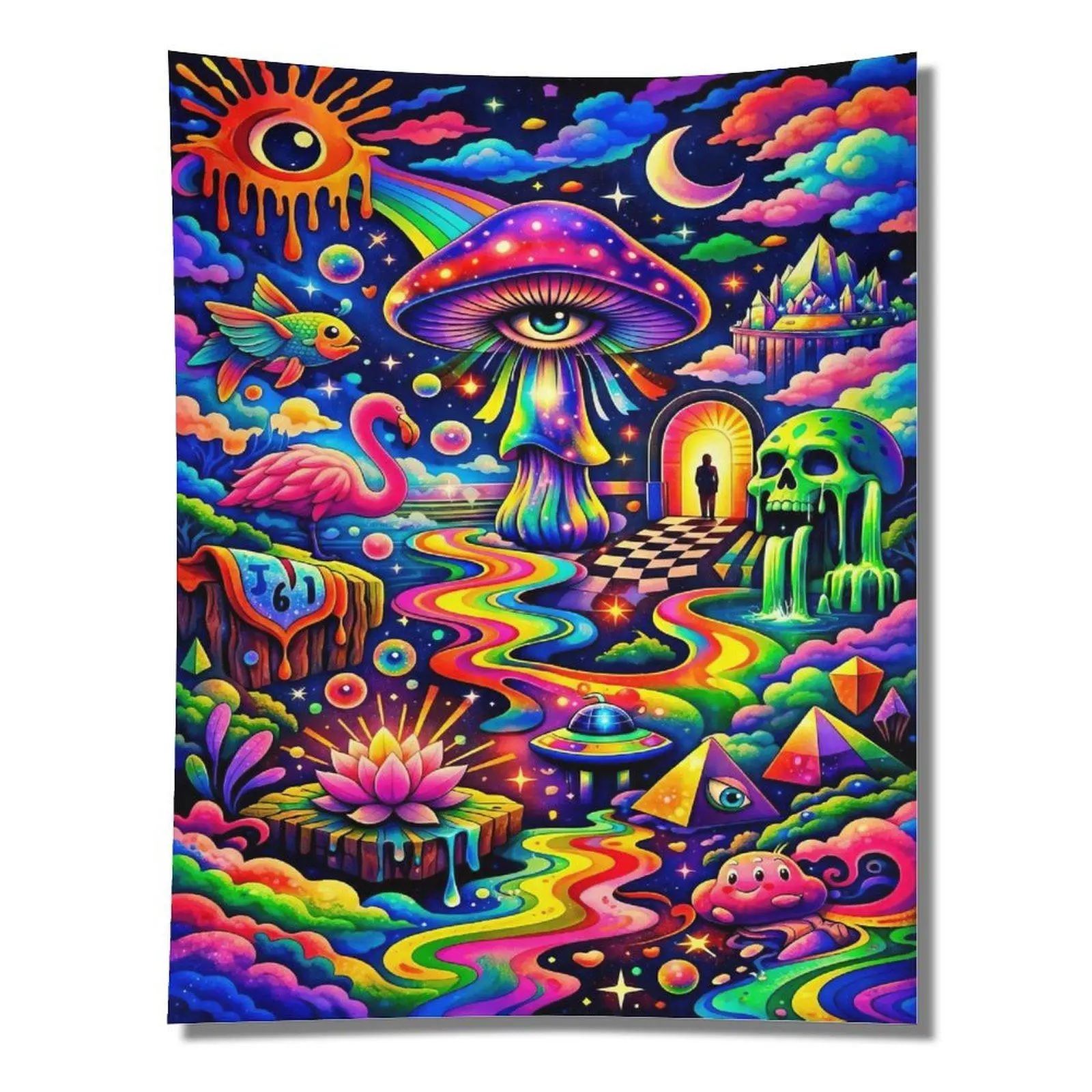 Trippy Rainbow Psychedelic Mushroom Eye Flamingo Surreal Cosmic Wall Tapestry Wall Hanging, Colorful Hippie Mystic Teen Room Decor Backdrop